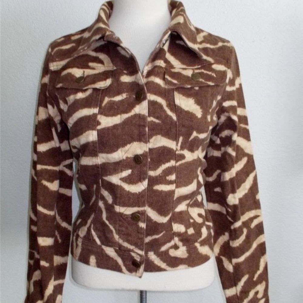 LAUREN BY RALPH LAUREN MS SIZE X-LARGE BROWN ANIMAL PRINT FASHION DENIM JACKET